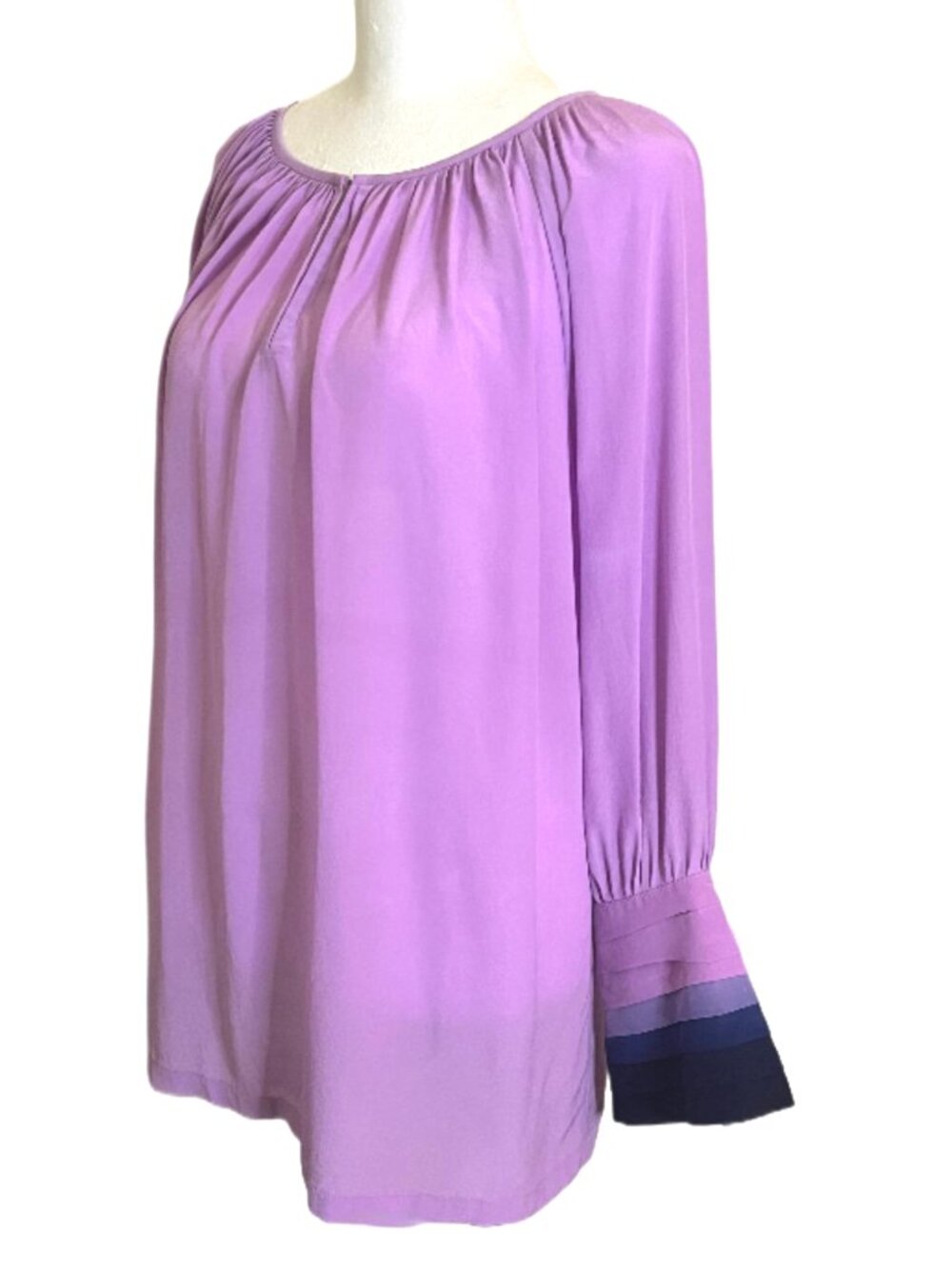 Rungolee Lavender Long Sleeve Blouse, Ombre Tiered Cuffs, Gathered Neck Size Sm